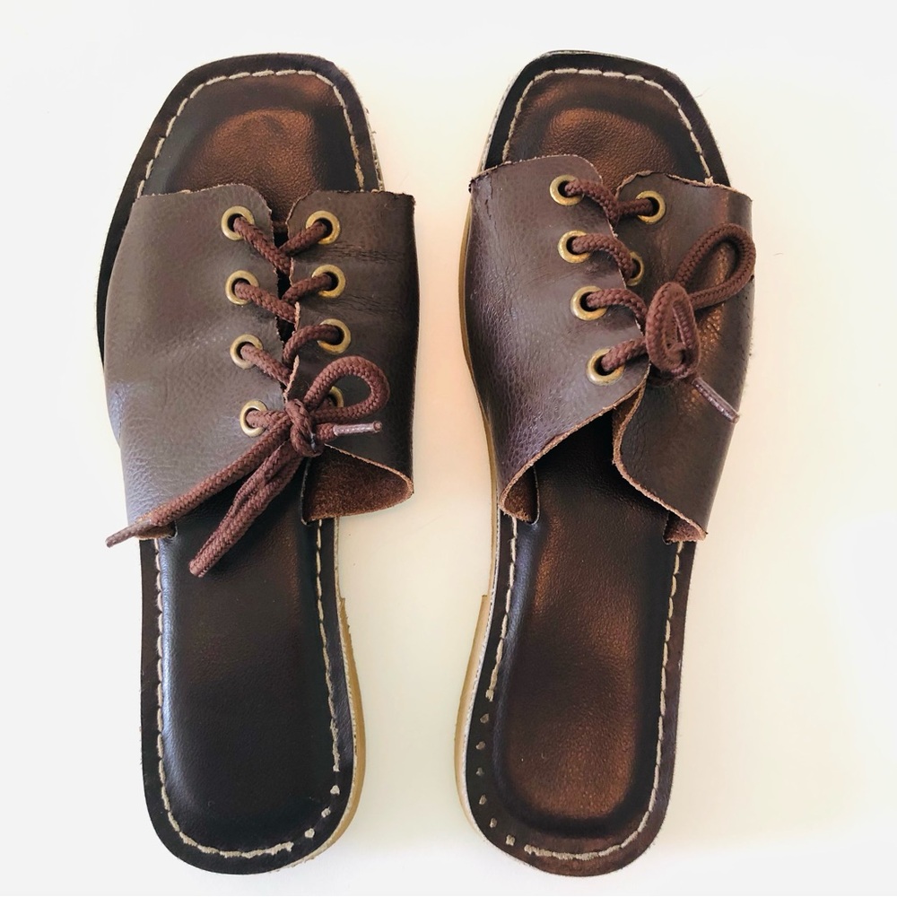 Kino Key West Chancletica Leather Lace-Up Slides Brown Women’s 7